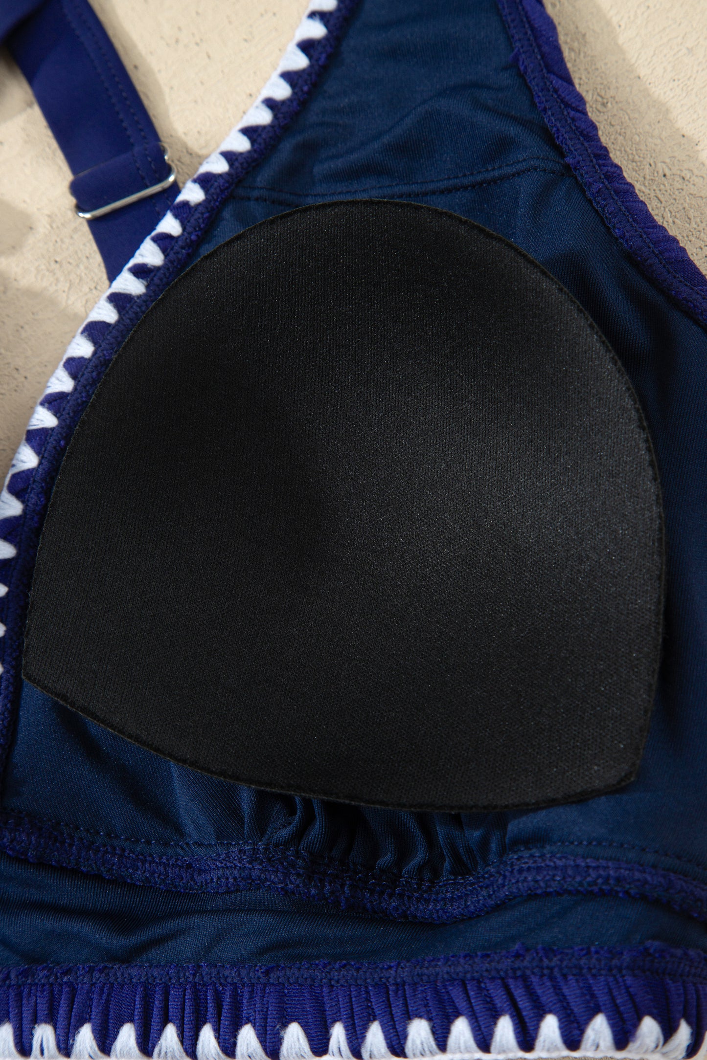 Navy Blue Shell Stitched Trim V Neck Textured Mix and Match High Waist Bikinis