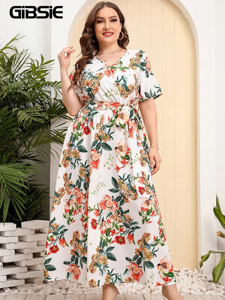GIBSIE Plus Size V Neck Floral Print Boho Dress Women Summer Short Sleeve Maxi Dresses Holiday A-line Female Belted Dress