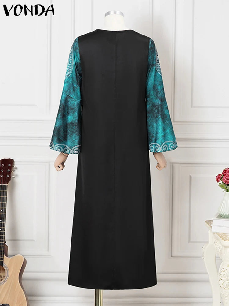 Plus Size VONDA Women Elegant Maxi Long Dress 2024 Bohemian Printed Sundress Vintage Flare Long Sleeve Loose Robe Casual Vestido