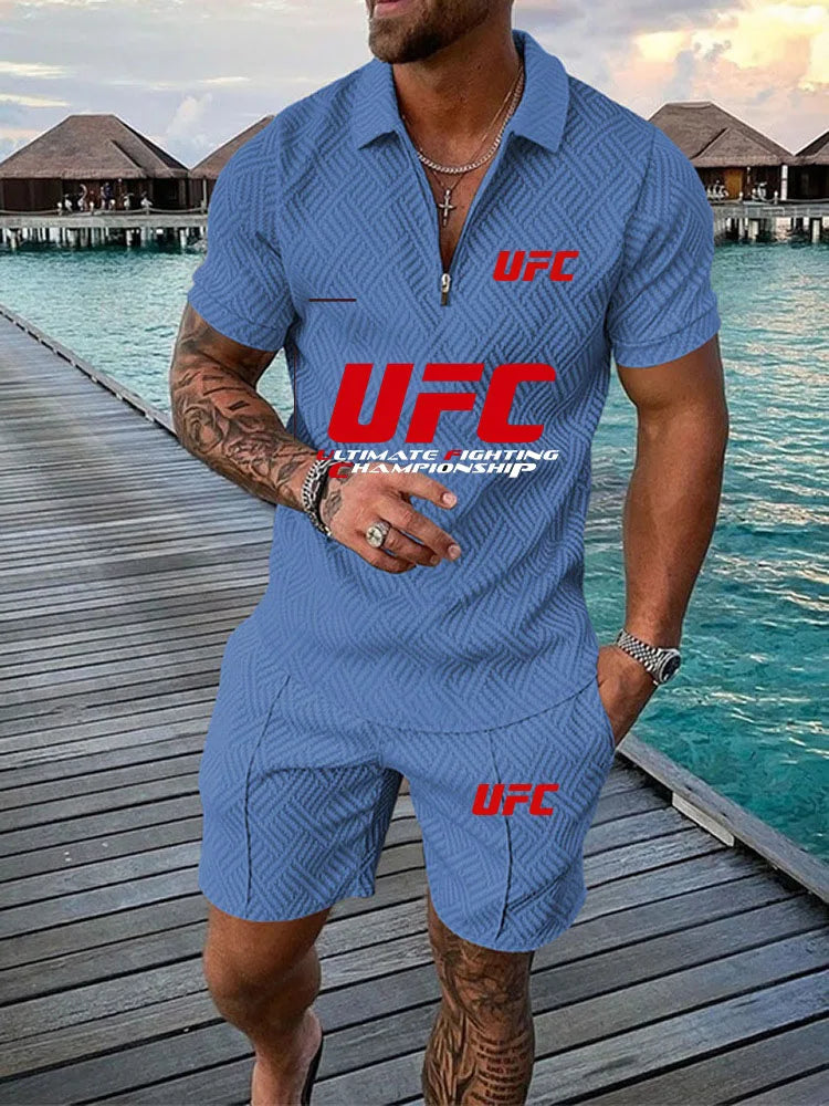2025 Summer New Casual Fashion Style Polo Set, UFC Fighting Fans, Zipper Polo Shirt+Shorts, Outdoor Sports Two Piece Set