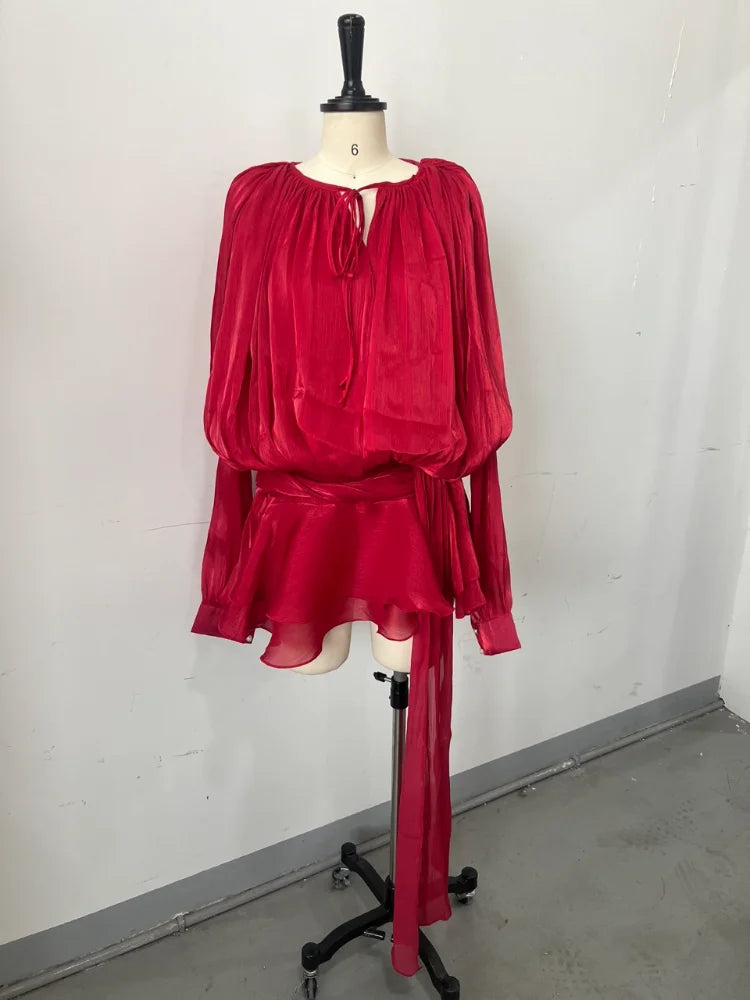 Elegant Lantern Sleeve Blouse Mini Dress With Short O Neck Low Waist Pleated Hem Robes Lace Up Party Vestidso 2025 Lady Clothing