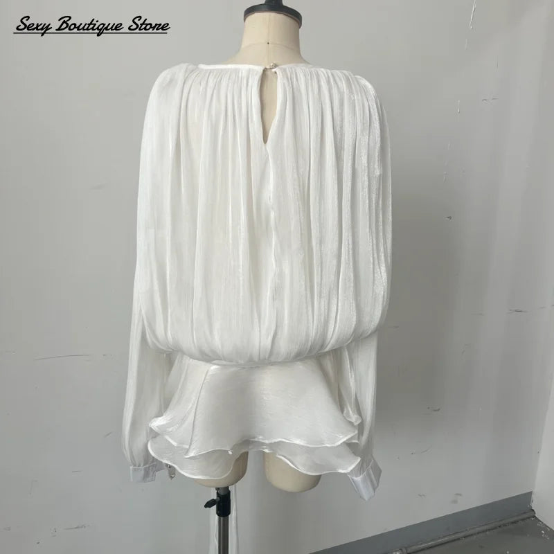 Elegant Lantern Sleeve Blouse Mini Dress With Short O Neck Low Waist Pleated Hem Robes Lace Up Party Vestidso 2025 Lady Clothing