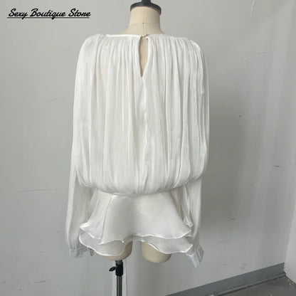 Elegant Lantern Sleeve Blouse Mini Dress With Short O Neck Low Waist Pleated Hem Robes Lace Up Party Vestidso 2025 Lady Clothing