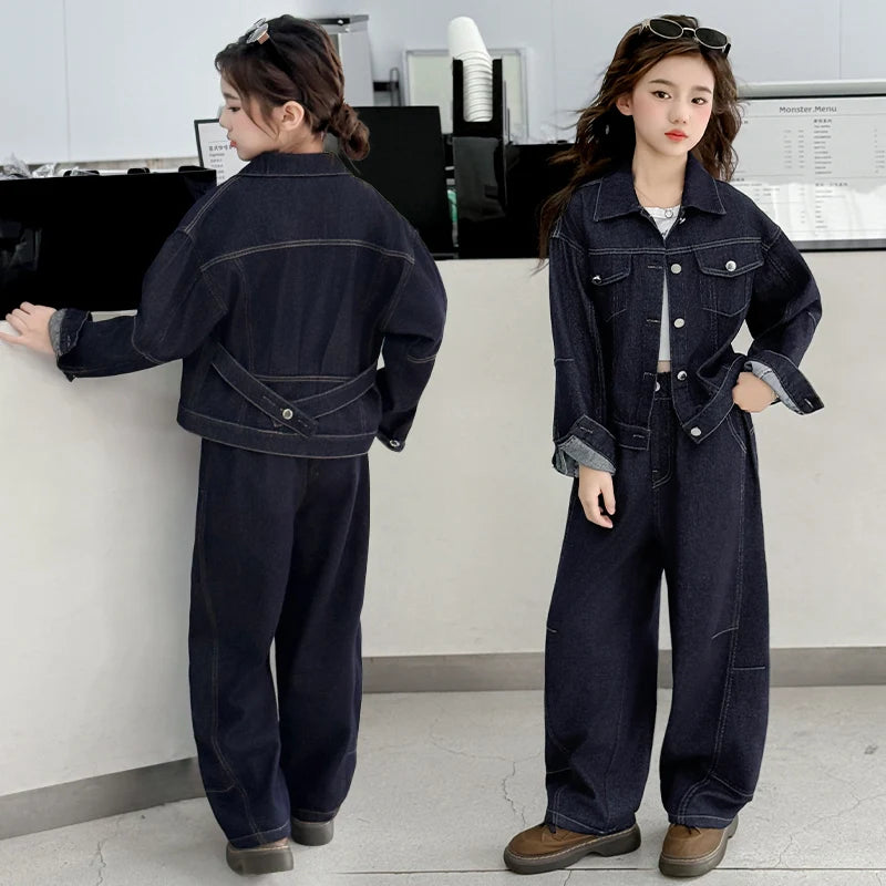 teen girls cowboy clothes set Design denim jacket+Wide leg jeans 2pcs junior kids pants suit child outfits vetement enfant fille