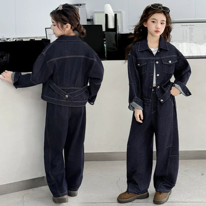 teen girls cowboy clothes set Design denim jacket+Wide leg jeans 2pcs junior kids pants suit child outfits vetement enfant fille