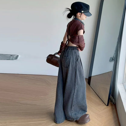 Girls Jeans Spring Fall Famous Western-style Child Wide Leg Pants Kids Floor Trousers 6 8 10 12 14 Vetement Enfant Fille Clothes