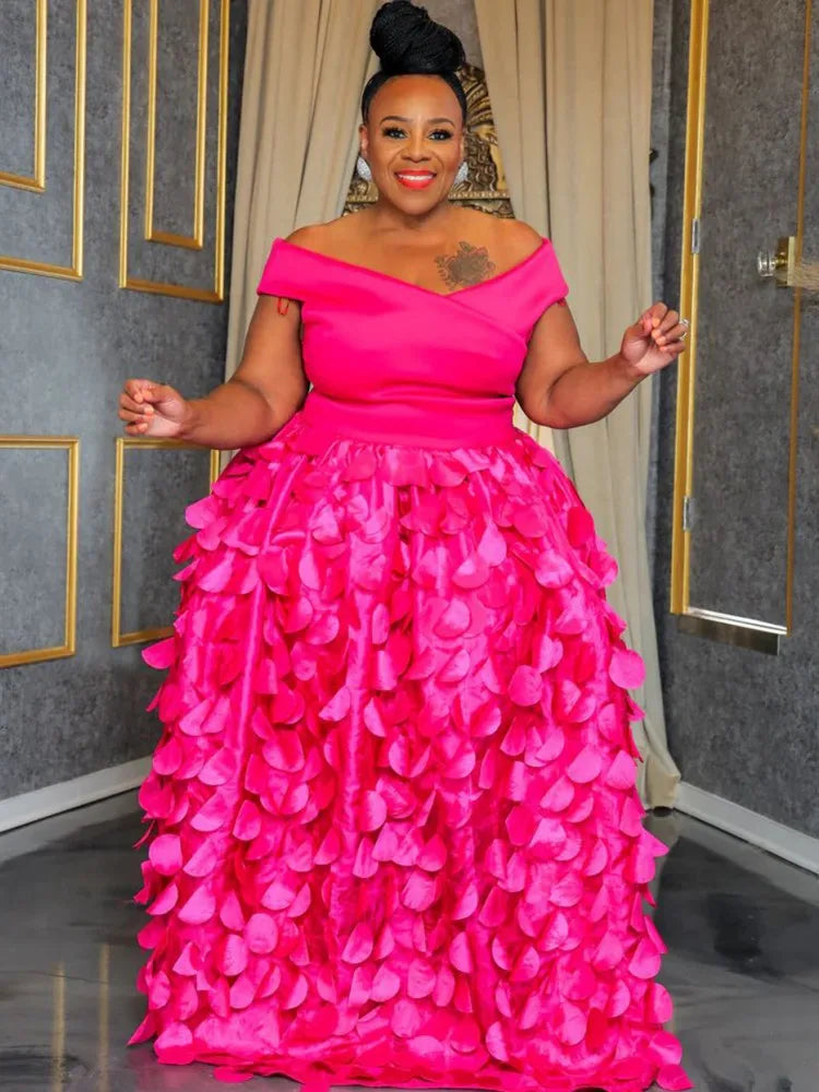 XL-5XL Plus Size Elegant Maxi Dress 2024 Autumn Women Bohemian Dress Casual Short Sleeve Robe Off Shoulder Dress Oversize