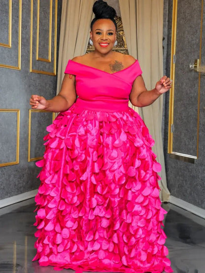 XL-5XL Plus Size Elegant Maxi Dress 2024 Autumn Women Bohemian Dress Casual Short Sleeve Robe Off Shoulder Dress Oversize