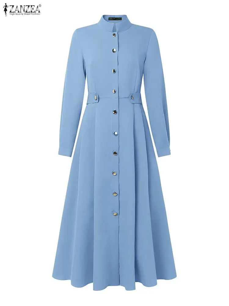 ZANZEA Plus Size Women's Midi Dresses Elegant Casual Mock Neck Long Sleeve Button Up A-Line Long Dress FW Woman Clothing 5XL