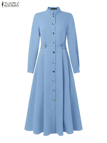 ZANZEA Plus Size Women's Midi Dresses Elegant Casual Mock Neck Long Sleeve Button Up A-Line Long Dress FW Woman Clothing 5XL