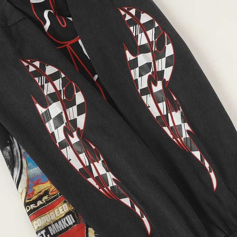 Vintage Washed Godspeed Long-sleeved T-shirts Rock Roll Tee Skull Racing Driver Print Loose Streetwear Tops Men Women