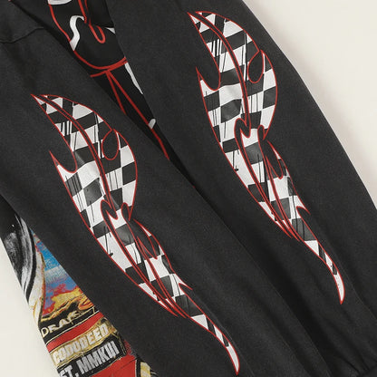 Vintage Washed Godspeed Long-sleeved T-shirts Rock Roll Tee Skull Racing Driver Print Loose Streetwear Tops Men Women