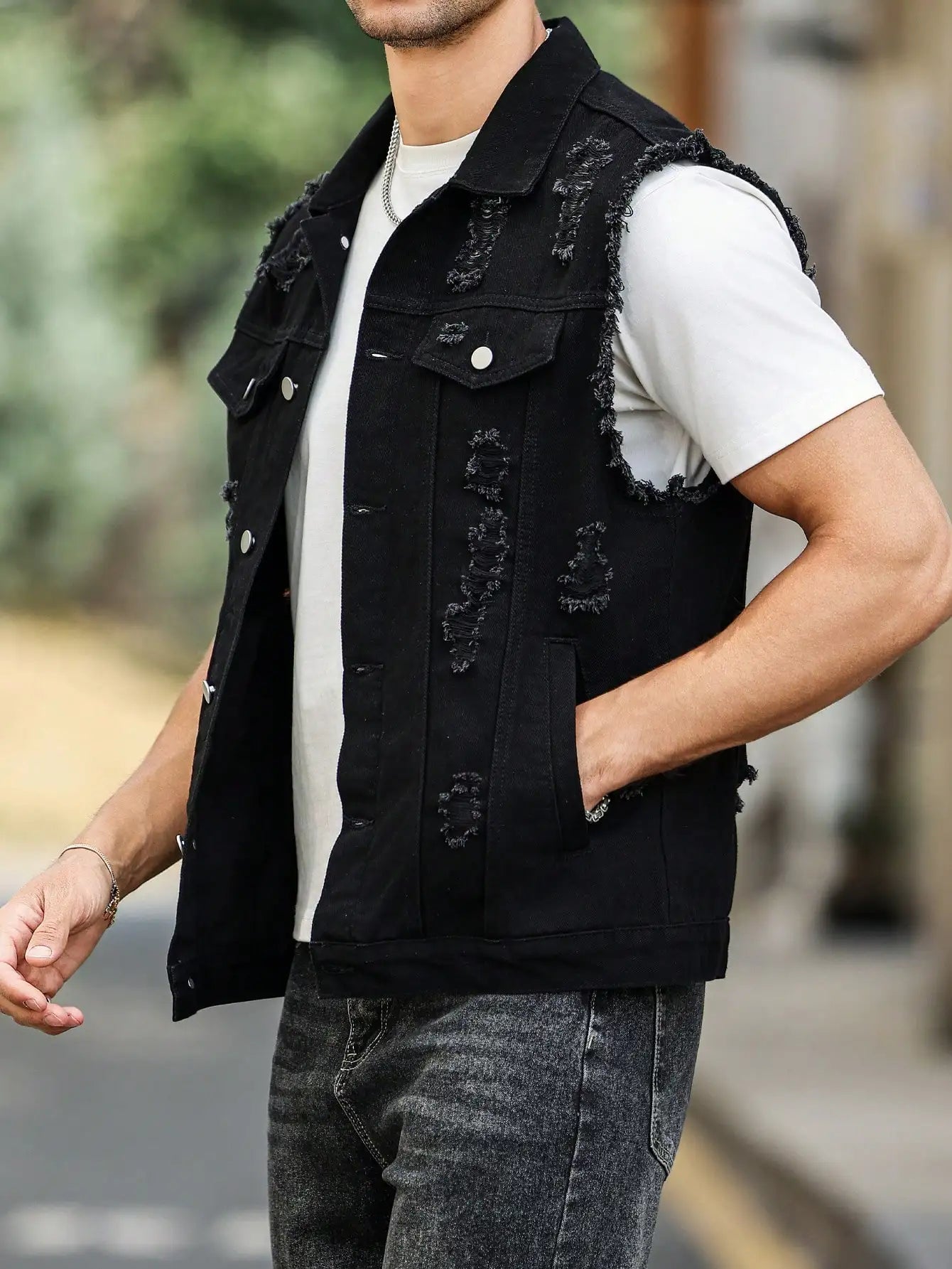 Men's Black Ripped Denim Vest for Spring, Sleeveless Design, a Must - Have for Street - style Trendsetters