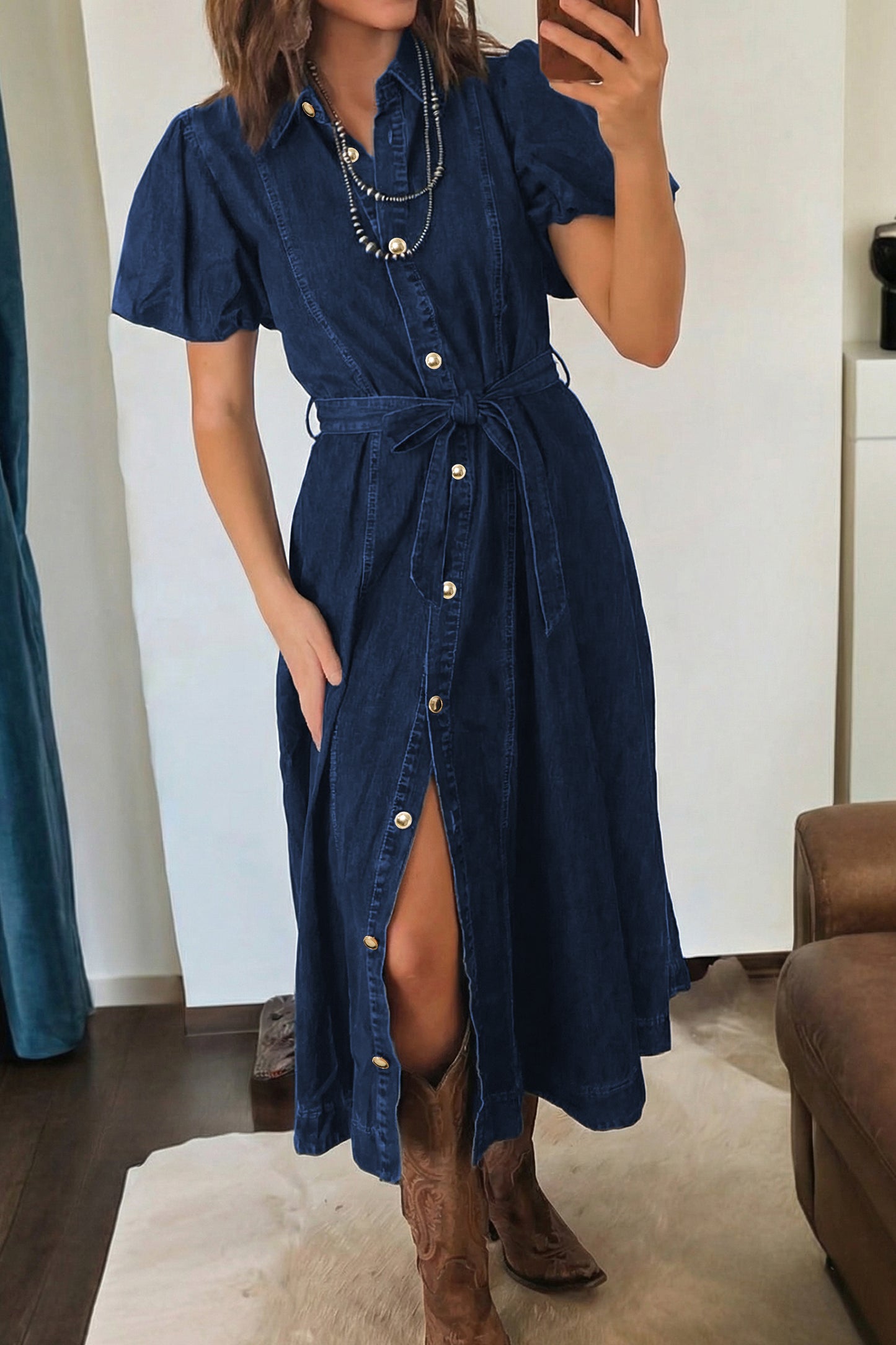 Beau Blue Full Buttons Collared Short Bubble Sleeve Long Denim Dress