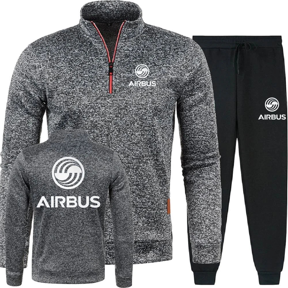 Men 2Pcs Sets Hoodies Pants Sweatshirts Half Zipper Soft Fleece Turtleneck Sweater AIRBUS AVIATION Flight Airbusfan A320