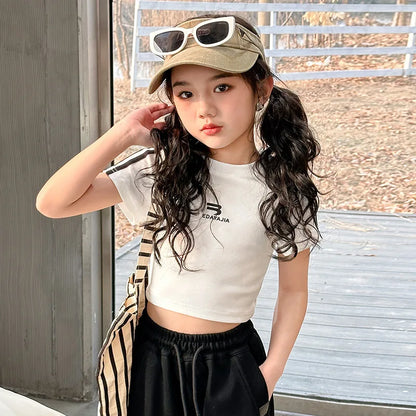 New Summer Black white 95% Cotton American Hot Girls short t-shirt korean streetwear kids top tee clothes vetement enfant fille