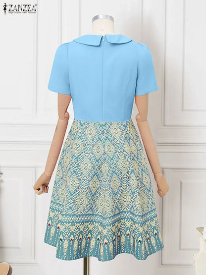 ZANZEA Elegant Bow Dresses Women Summer Printing Bohemian Sundress 2025 Fashion Short Sleeve A-Line Casual Loose Party Robe