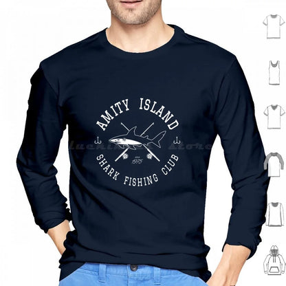 Amity Island Shark Fishing Club White Hoodies Long Sleeve Sharks Shark Week Jaws Parody Teeth Attack Bite Quint Brody