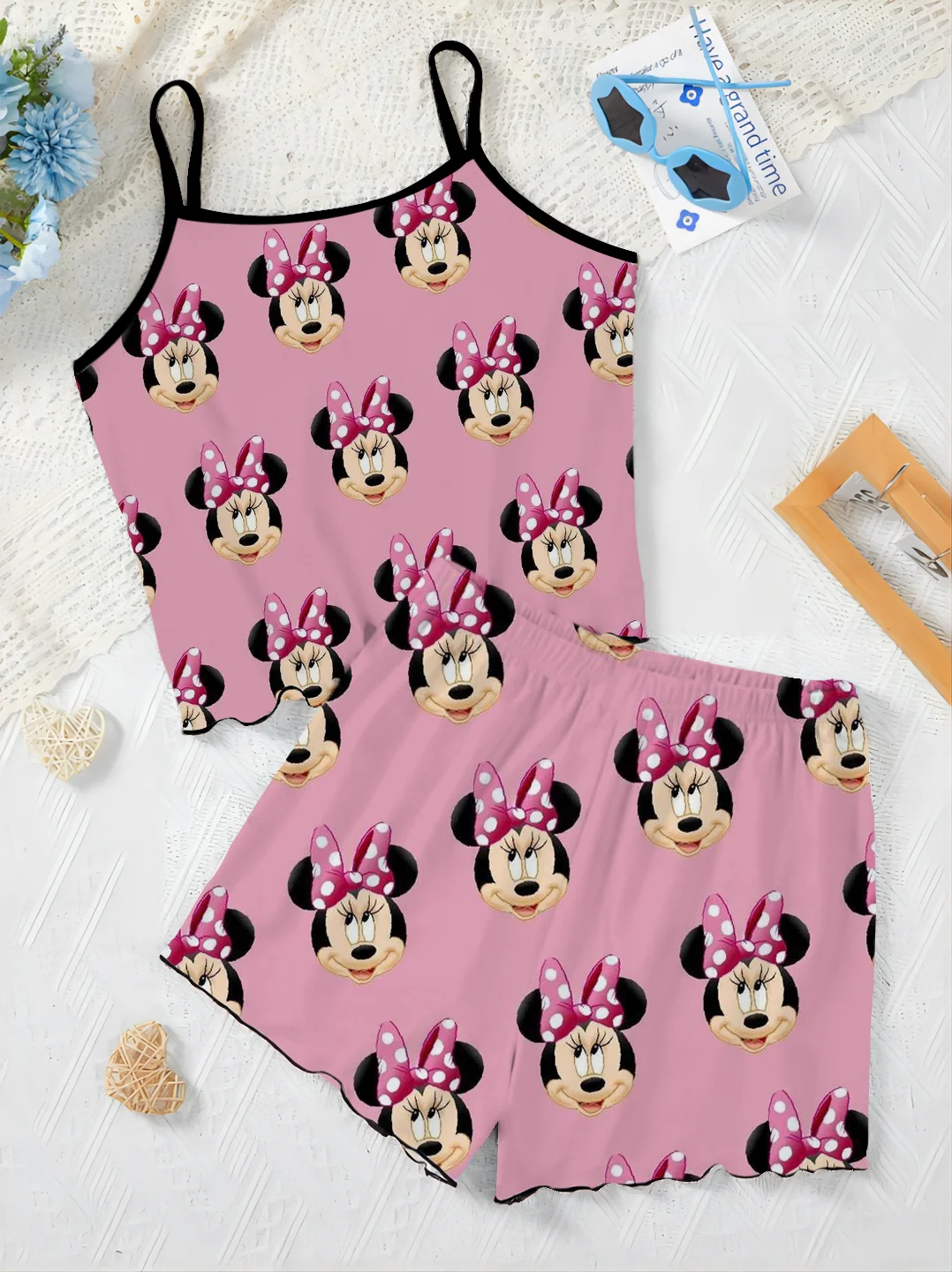 Ensemble T-shirt et Jupe de Pyjama Élégants pour Femme, Garniture en Laitue, Robe à Glisser, Haut Disney, Minnie Mouse, Pièces C