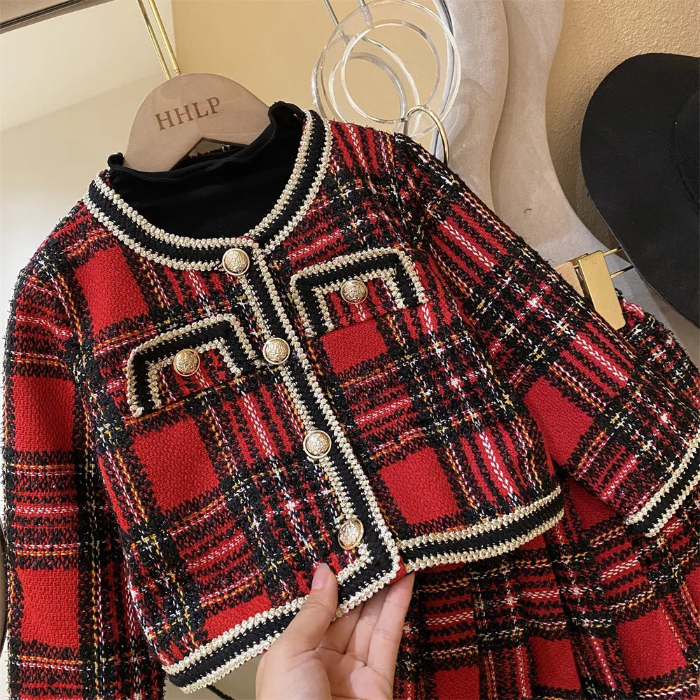 autumn baby girls clothes set Vintage jacket+pleated skirt 2pcs kids suit children Toddler clothing outfit vetement enfant fille