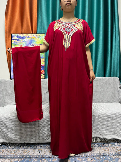 Abayas For Women 2024 Dubai New Pure Cotton Appliques Summer Loose Femme Robe Muslim Afreican Islam Dresses With Turban Hijabs