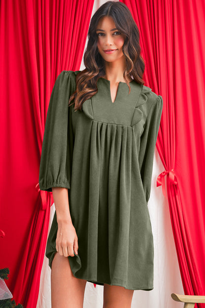 Cinnamon Split Neck Scallop Detail Pleated Corduroy Mini Dress