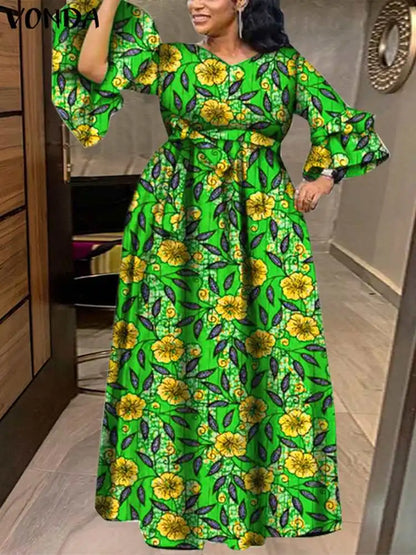 Plus Size 5XL VONDA Women Floral Printed Maxi Dress Bohemian Dress Sexy V-Neck Long Sleeve Ruffled Vestidos Casual Loose Robe