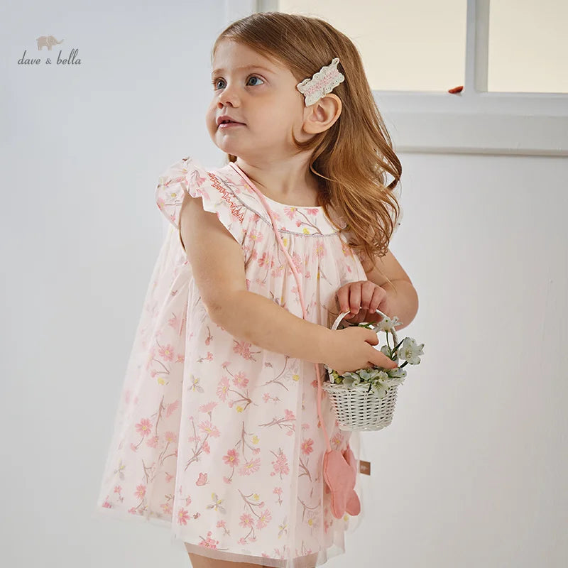 Dave Bella Girl's Dress 2025 New Summer Children Baby Princess Dress Butterfly Floral Mesh Gentle Sweet Sleeveless DB2241117