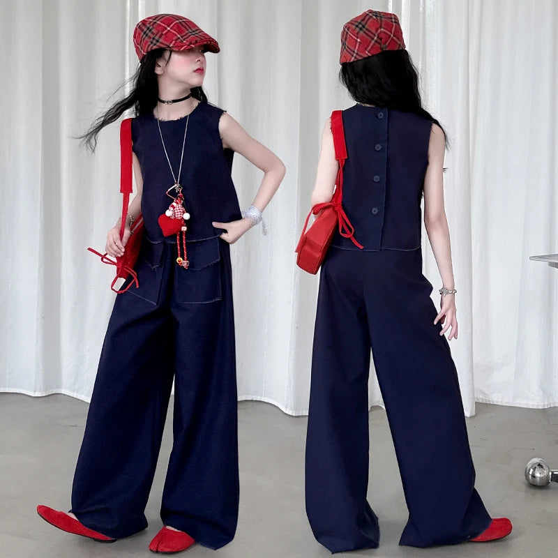 4-14 design teen girl Summer clothes set Hairy denim vest+Wide leg jeans 2pc junior kid pants suit child outfits vetement enfant