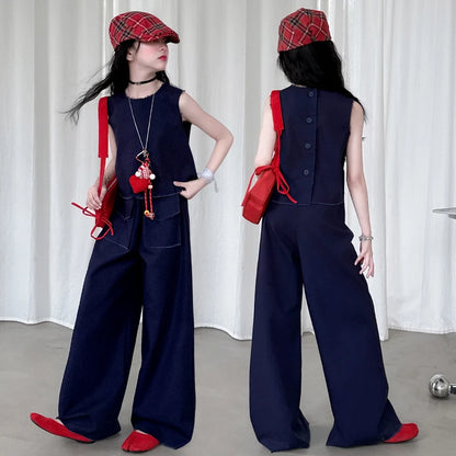 4-14 design teen girl Summer clothes set Hairy denim vest+Wide leg jeans 2pc junior kid pants suit child outfits vetement enfant