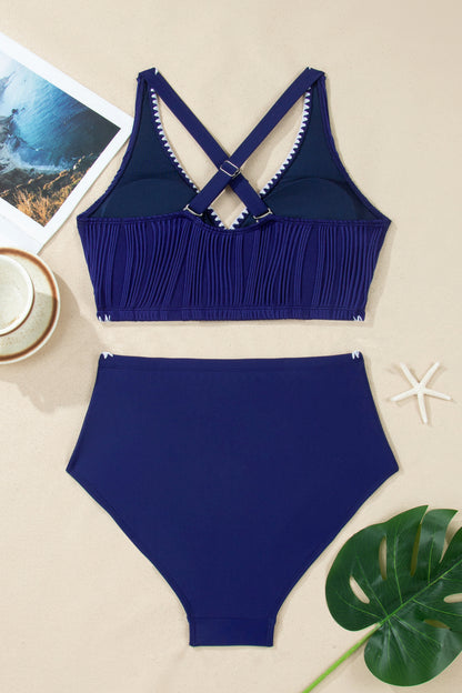 Navy Blue Shell Stitched Trim V Neck Textured Mix and Match High Waist Bikinis