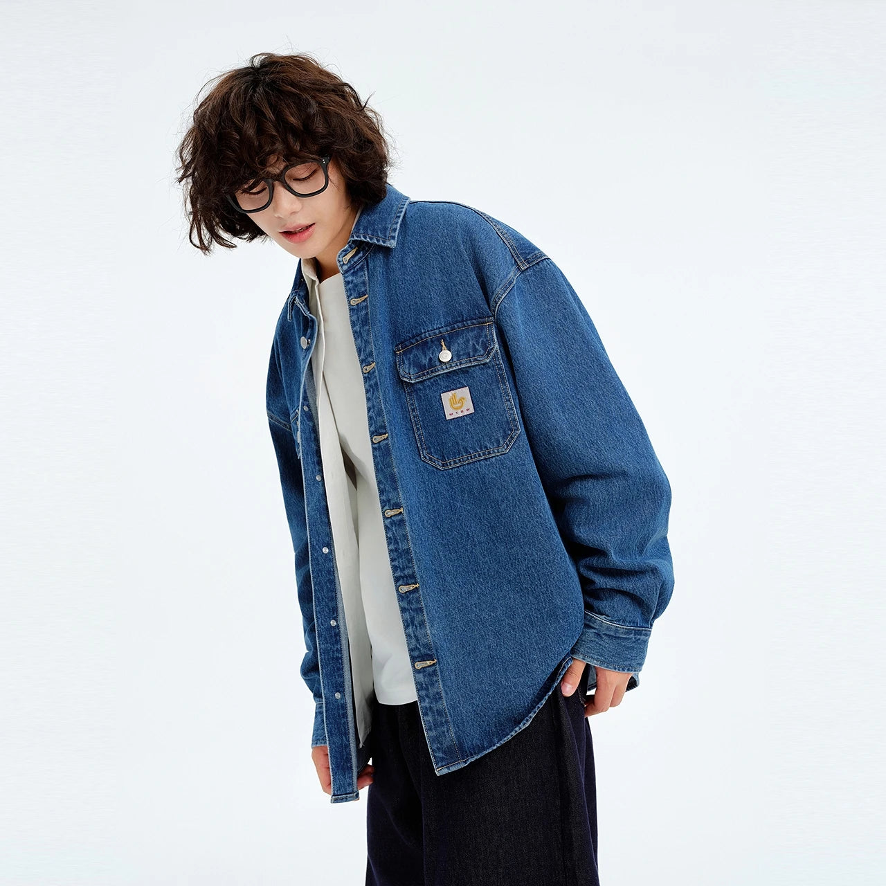 Metersbonwe Men's Vintage Distressed Utility Denim Shirt Jacket Classic Flap Pockets Oversized Fit Outerwear Casual Street Style