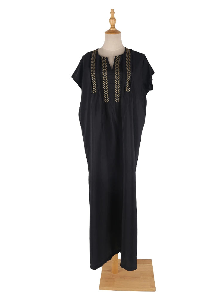Black Beach Dresses Kaftans for Women Gold Embroideried Tunic Bikini Cover Up Short Sleeve Elegant Robe Bathing Suit Cover-ups