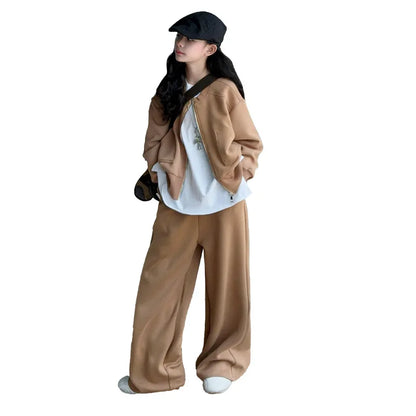 Teen Girls Casual Clothes Set Black Khaki Zipper Jacket+Wide leg pants 2pcs Junior Kids Suit Child Outfits Vetement enfant fille