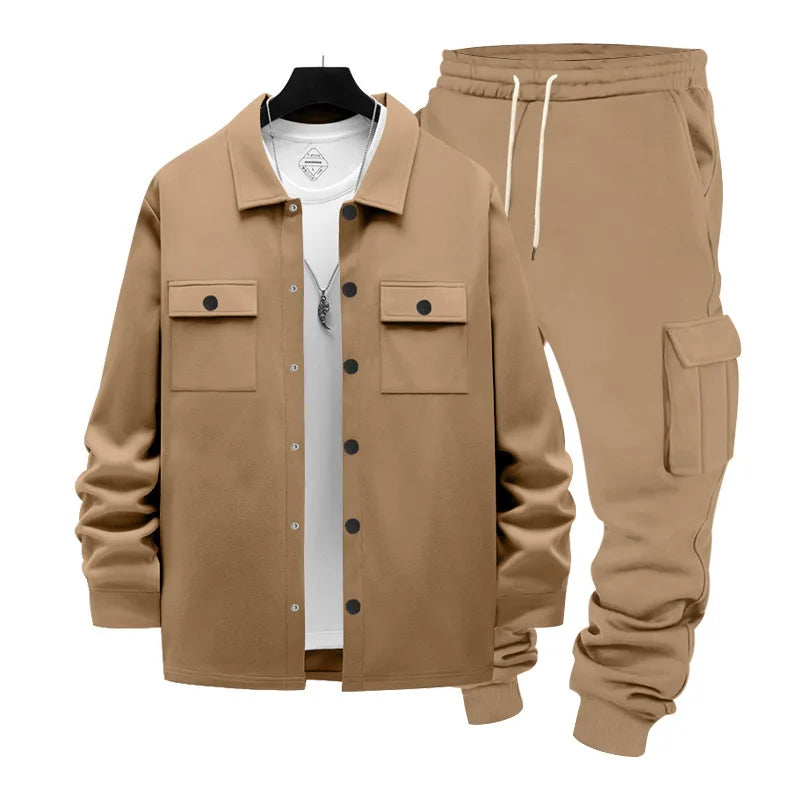 Cross-border winter heavy loose velvet men's outdoor tooling sweatpants thermal jacket two-piece set