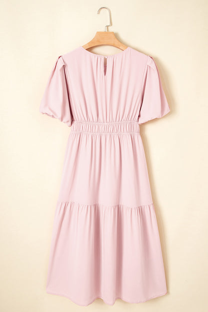 Pink Puff Sleeve High Waist Flowy Midi Dress