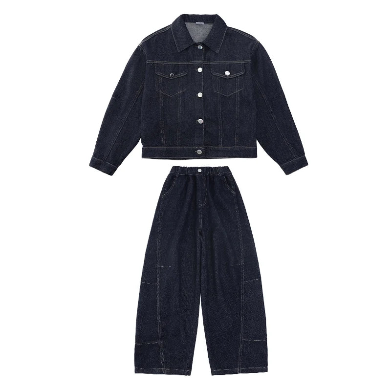 teen girls cowboy clothes set Design denim jacket+Wide leg jeans 2pcs junior kids pants suit child outfits vetement enfant fille