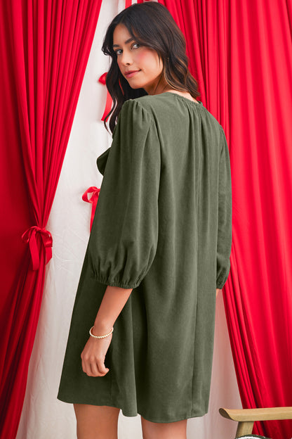 Cinnamon Split Neck Scallop Detail Pleated Corduroy Mini Dress