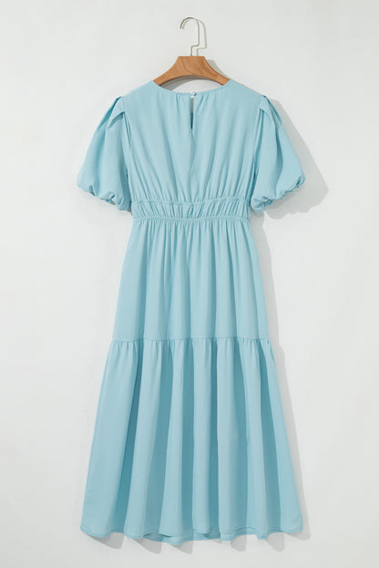 Pink Puff Sleeve High Waist Flowy Midi Dress