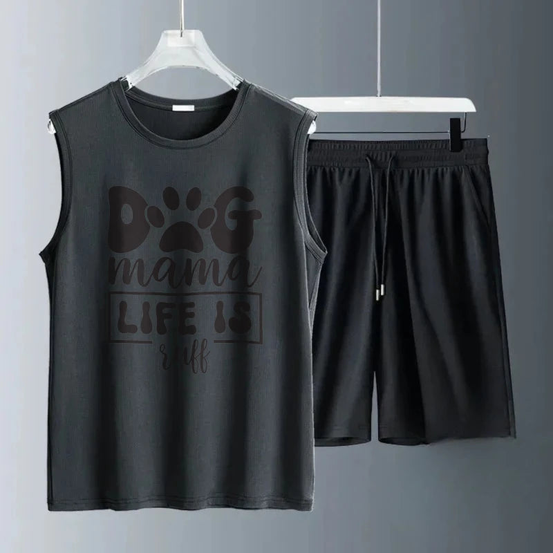Men's vest suit Summer sleeveless printed Dog Mama tank Tops + shorts men's sports clothing two-piece sets Quick drying clothing