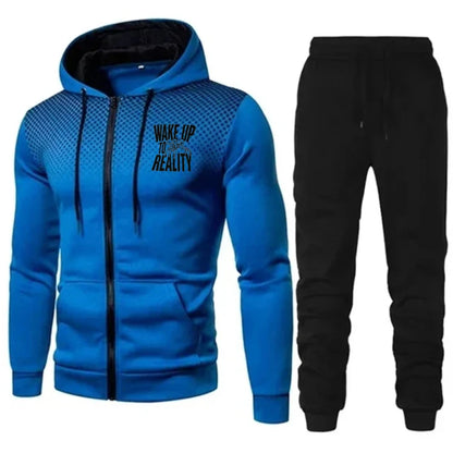 Men's Jacket Set Black Red Gradient Printed Wake Up Reality Text Hoodie Zipper Sweatshirt for Casual Outdoor Sport Wear
