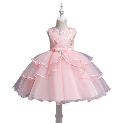 Pink Girl's floral embroidery dress sleeveless slim princess birthday party dress piano performance Wear