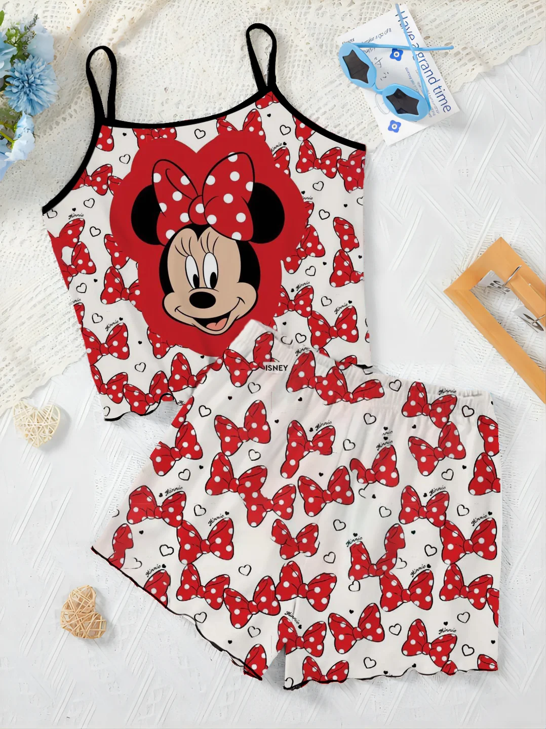 Ensemble T-shirt et Jupe de Pyjama Élégants pour Femme, Garniture en Laitue, Robe à Glisser, Haut Disney, Minnie Mouse, Pièces C