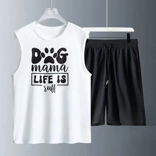Men's vest suit Summer sleeveless printed Dog Mama tank Tops + shorts men's sports clothing two-piece sets Quick drying clothing