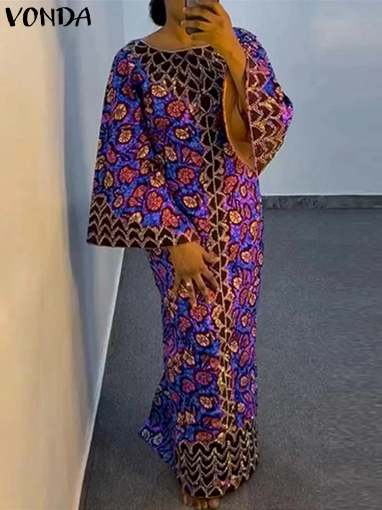 Plus Size VONDA Bohemian Dress 2025 Elegant Women Printing Sundress Vintage Flare Long Sleeve Maxi Vestidos O-Neck Robe Summer
