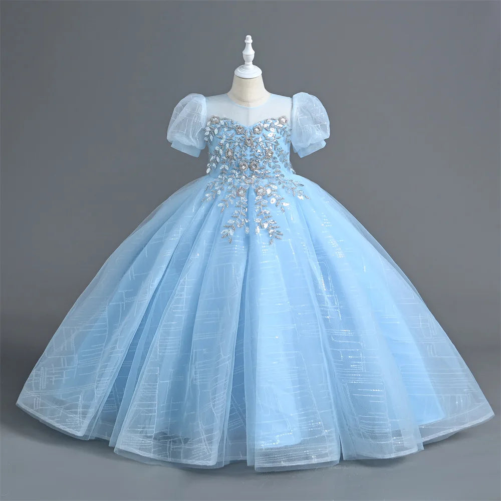 New Birthday Summer New Piano Performance Dress Long Host Mesh Sequin Girls' Princess Dress High End Summer Children's Dress