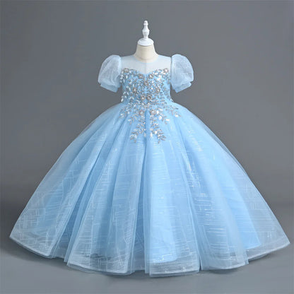New Birthday Summer New Piano Performance Dress Long Host Mesh Sequin Girls' Princess Dress High End Summer Children's Dress
