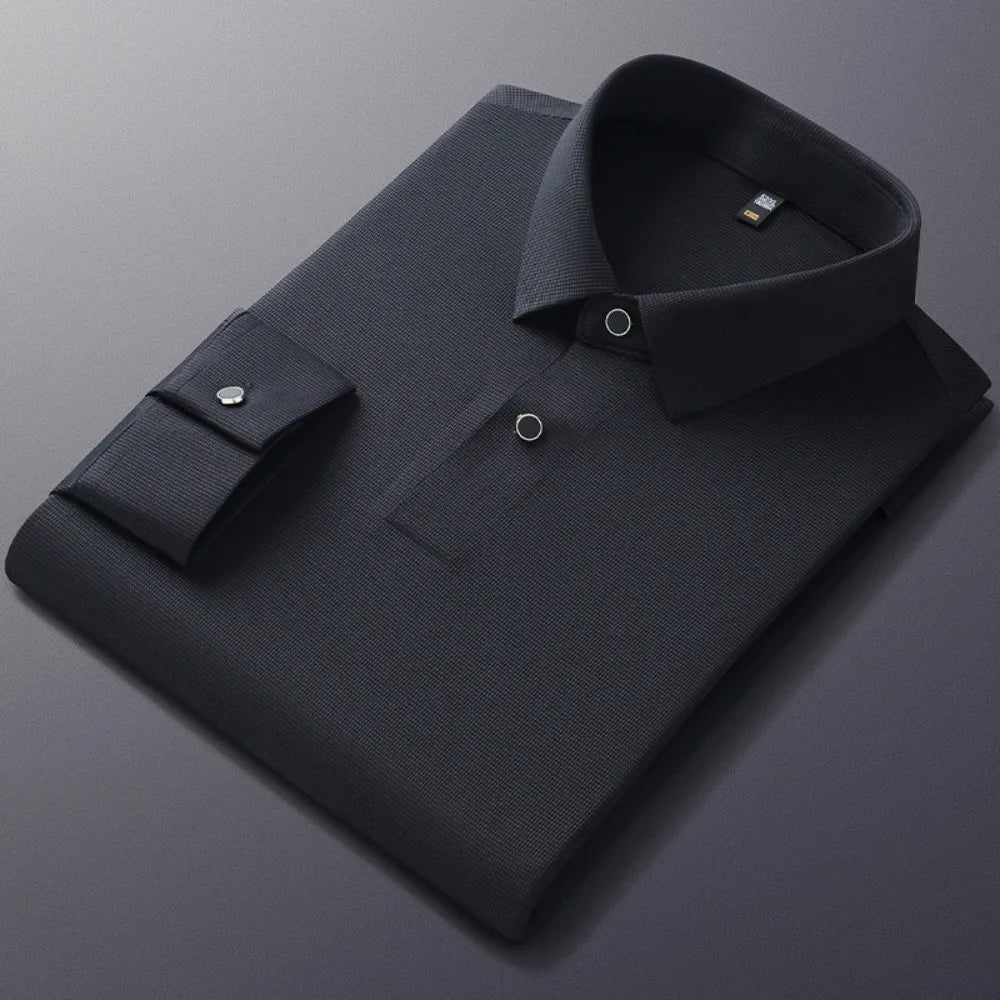 Personalized Seamless High Stretch Men's Polo Shirt Customized Long Sleeved Solid Color No Ironing High-end Vertical T-shirt