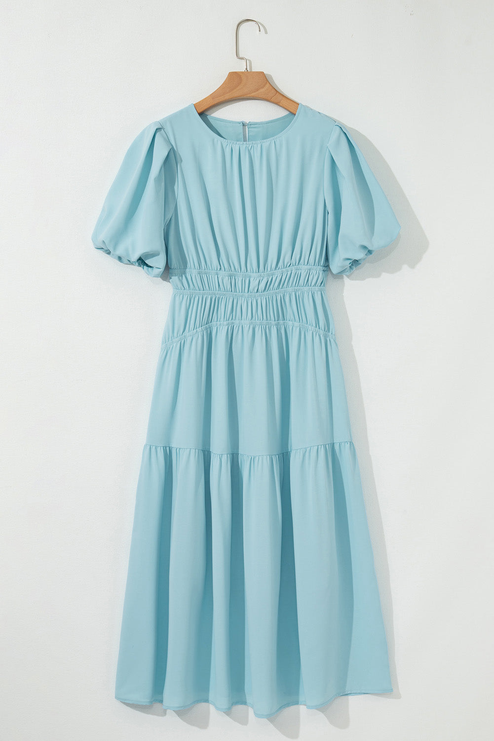 Pink Puff Sleeve High Waist Flowy Midi Dress