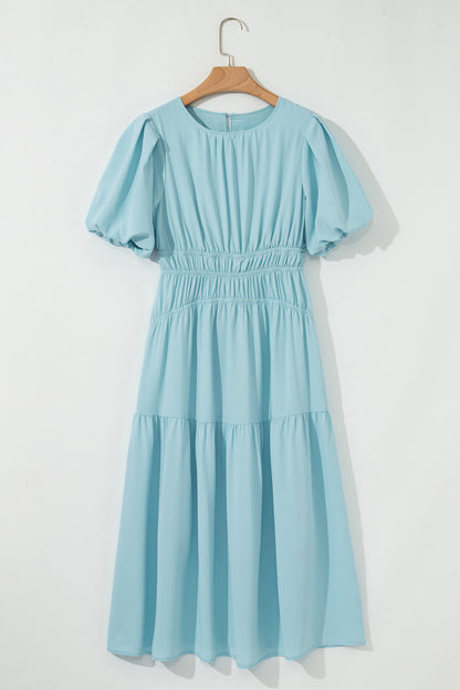 Pink Puff Sleeve High Waist Flowy Midi Dress